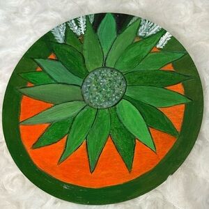 Vibrant Green and Orange Circular Acrylic Painting coaster original by Artist